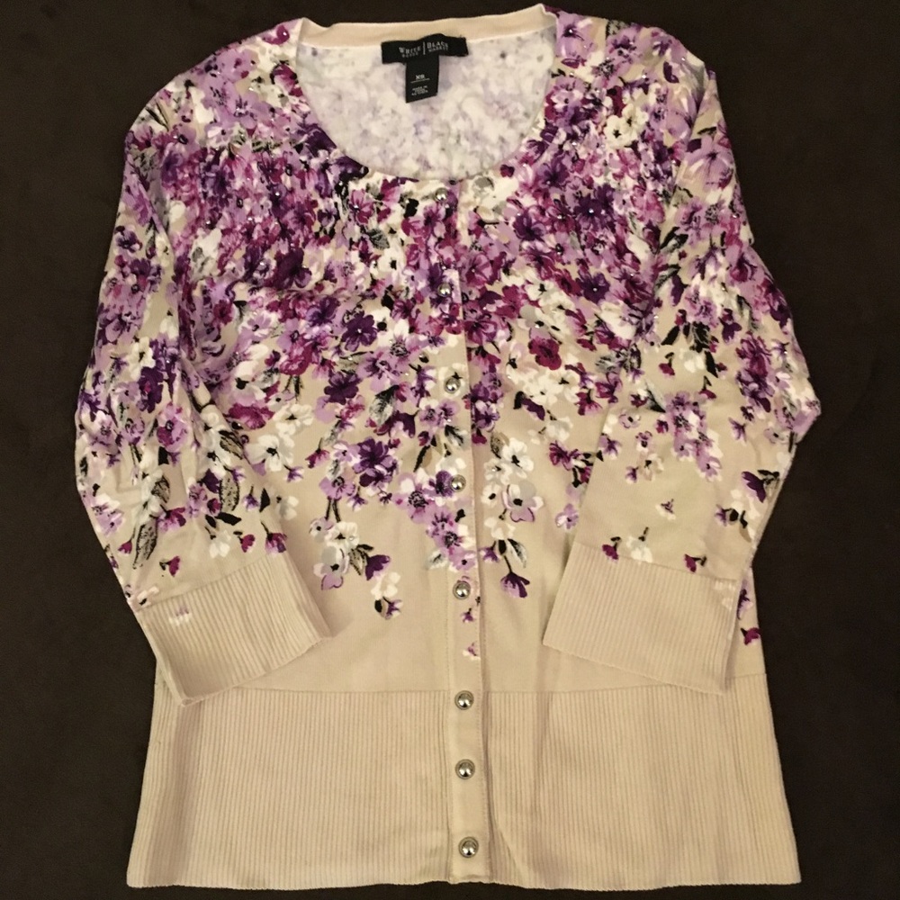 Gorgeous WHBM tan & purple floral cardigan NWOT XS