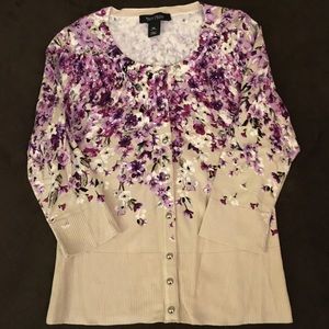 Gorgeous WHBM tan & purple floral cardigan NWOT XS