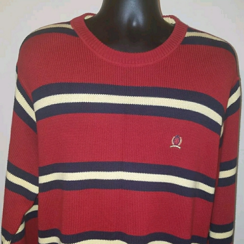 Tommy Hilfiger Mens Red Striped Winter Sweater