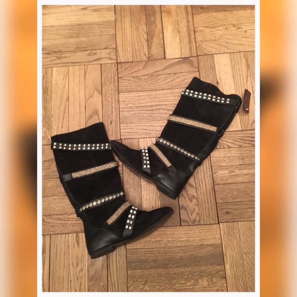 Designer Black Suede Flat Boots - Picture 2 of 8