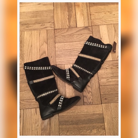 Designer Black Suede Flat Boots - Picture 2 of 8