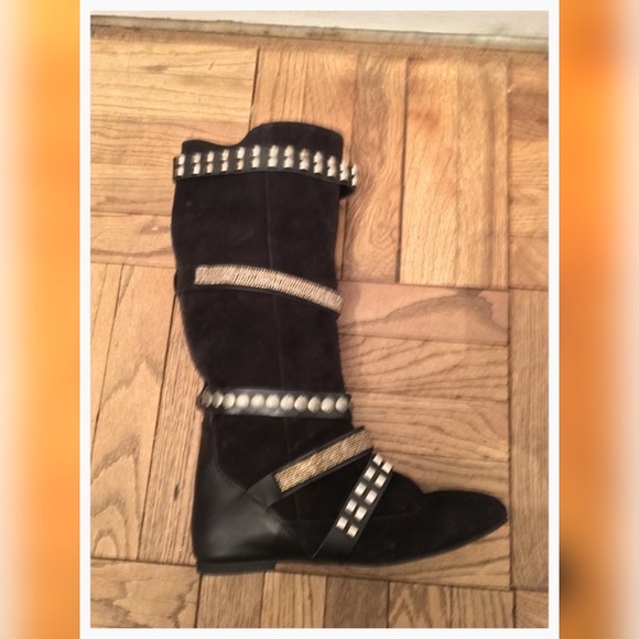 Designer Black Suede Flat Boots - Picture 6 of 8