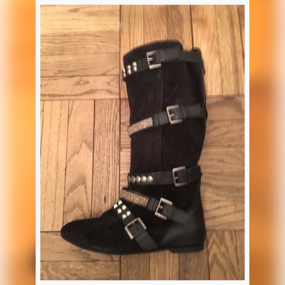 Designer Black Suede Flat Boots - Picture 4 of 8