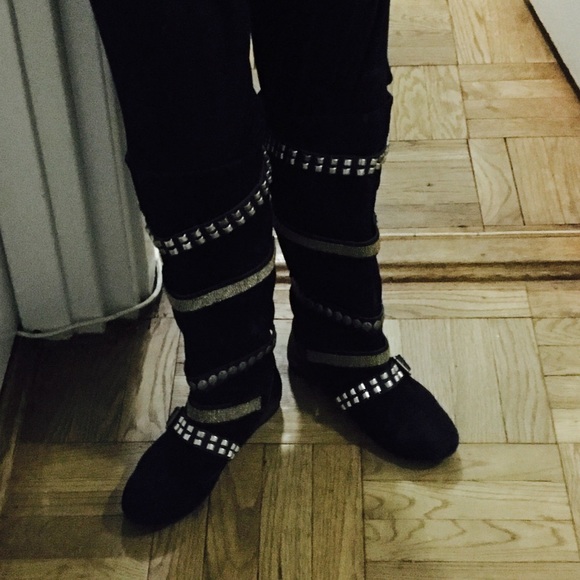 Designer Black Suede Flat Boots - Picture 3 of 8