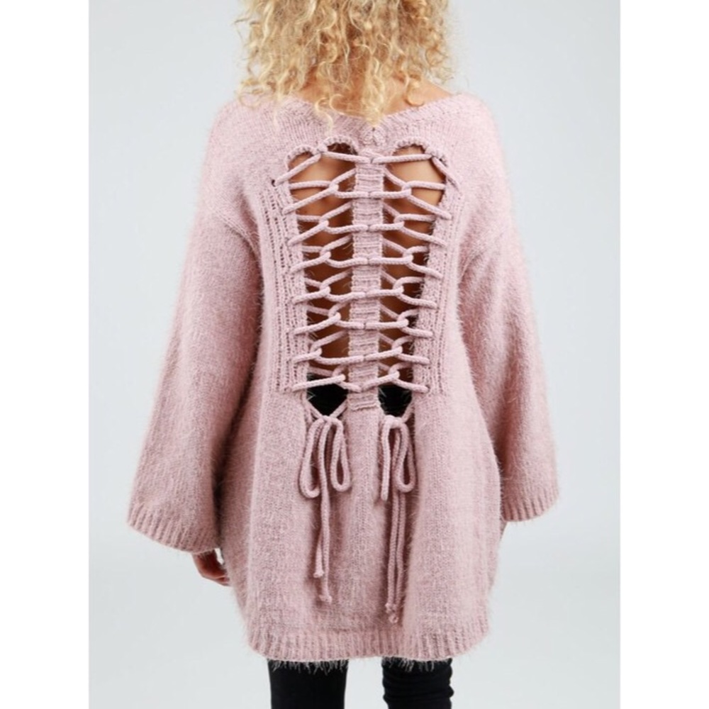 💕SOLD💕Dusty Rose Pink Chunky Lace Up Sweater