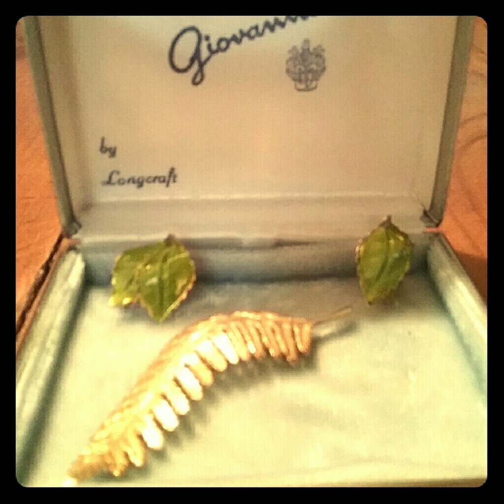 Giovanni by longcraft gold leaf pin and earing set