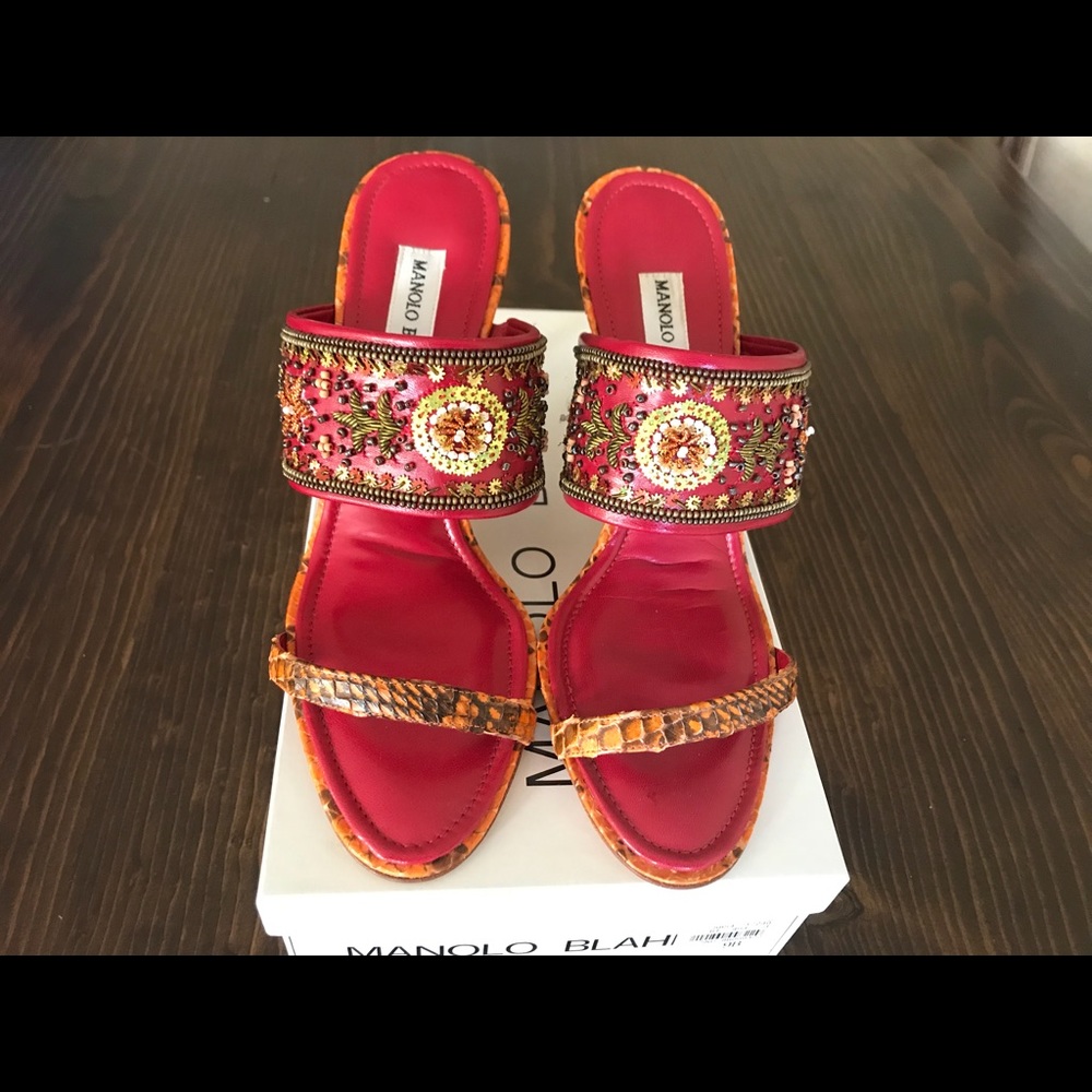 Manolo Blahnik Rapis Water Snake Open Toe Sandal