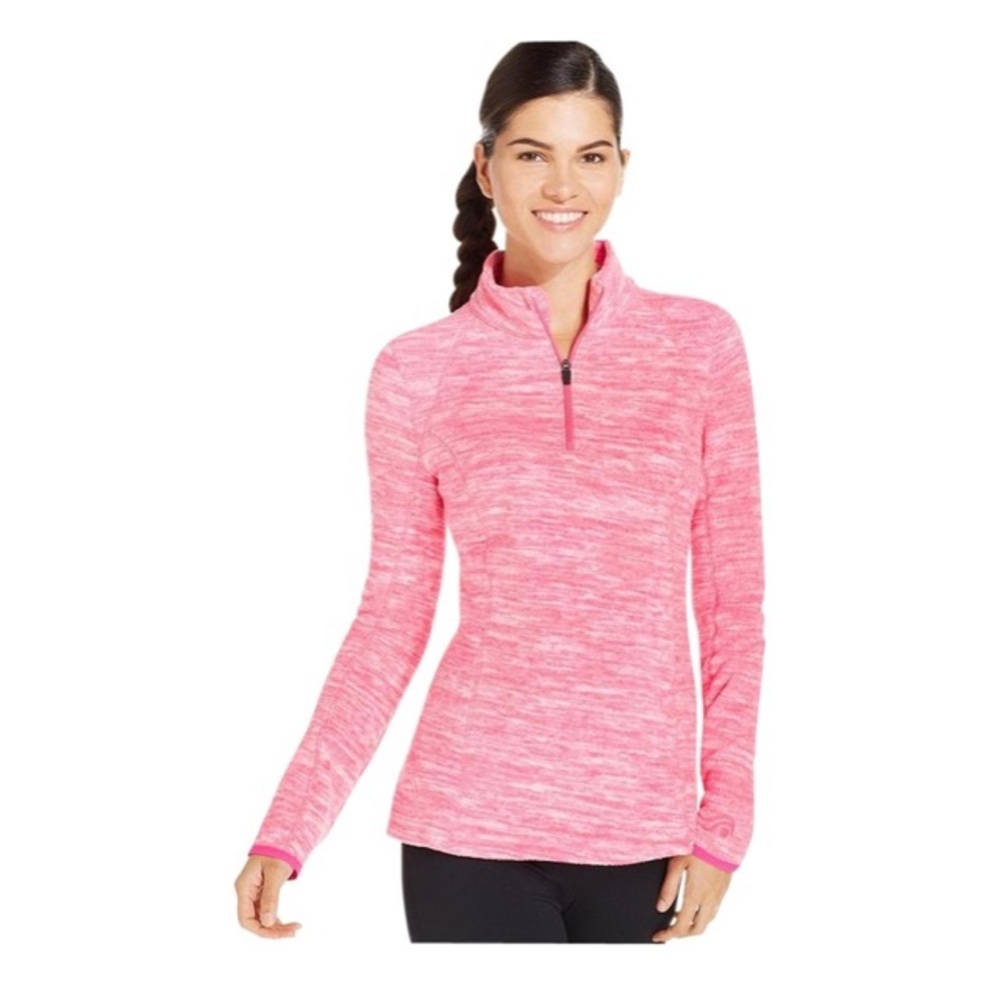 Neon pink fleece sweater.