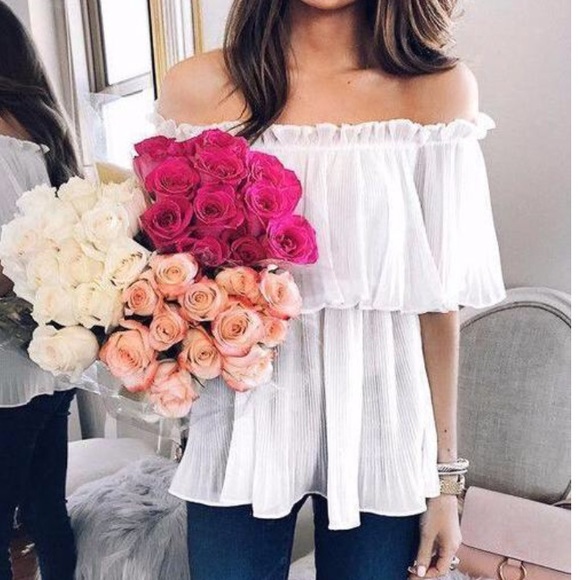 Off The Shoulder Chiffon Ruffle Top Blush Blouse - Picture 3 of 4