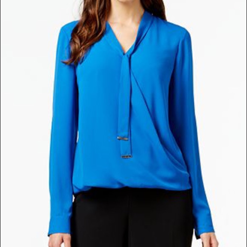 ALFANI royal blue self tie wrapped blouson blouse