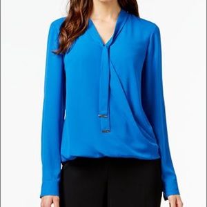 ALFANI royal blue self tie wrapped blouson blouse