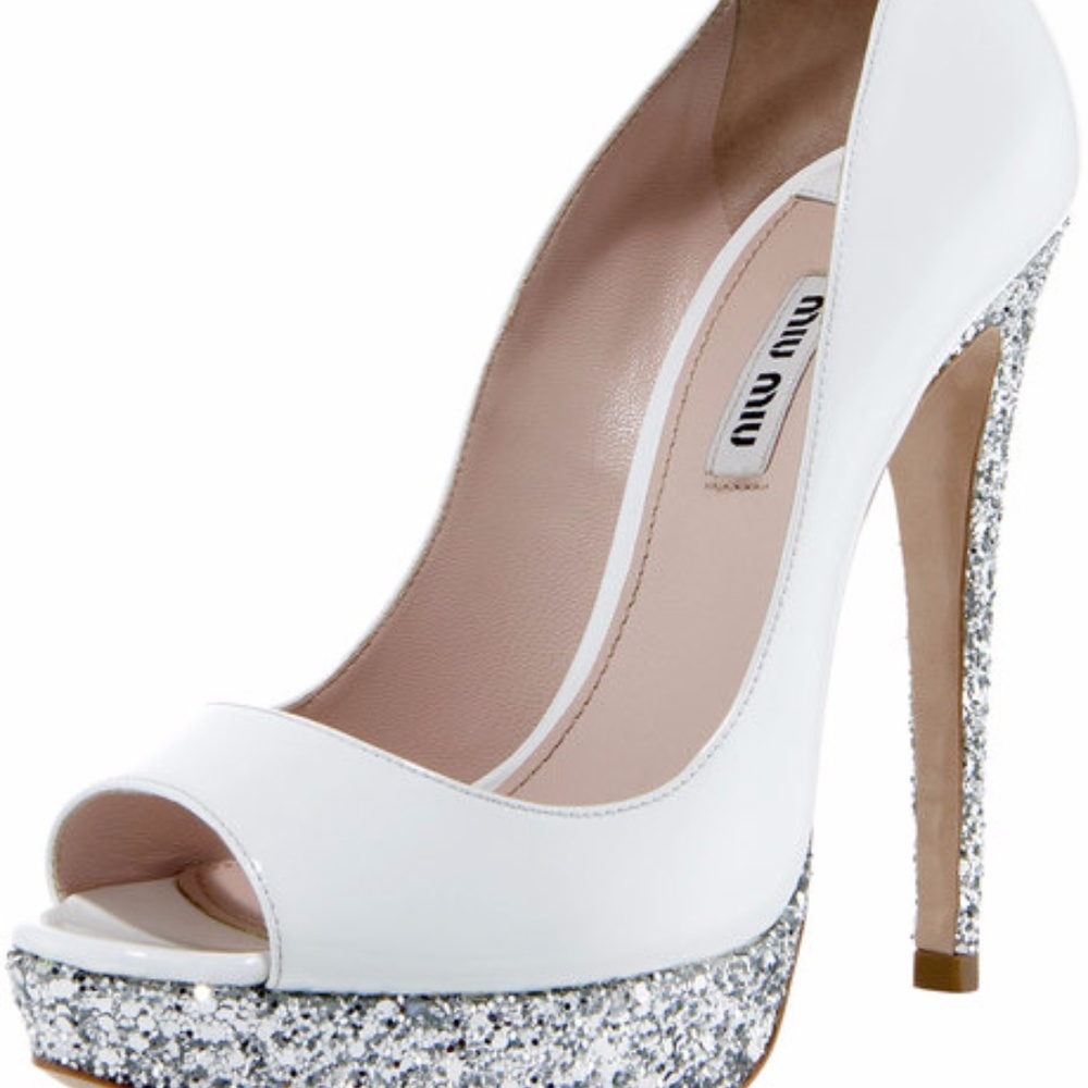 Miu Miu Silver White and Glitter Heel Toe Platform