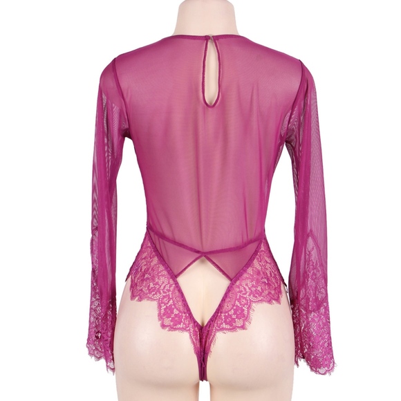 PINK EYELASH LACE LONG SLEEVE TEDDY! HOT!! - Picture 5 of 5