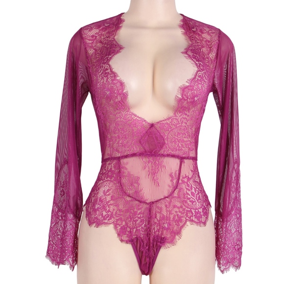 PINK EYELASH LACE LONG SLEEVE TEDDY! HOT!! - Picture 4 of 5
