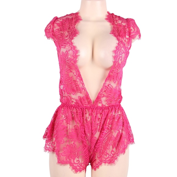 PINK LACE DEEP V TEDDY! SUPER HOTT! - Picture 3 of 4