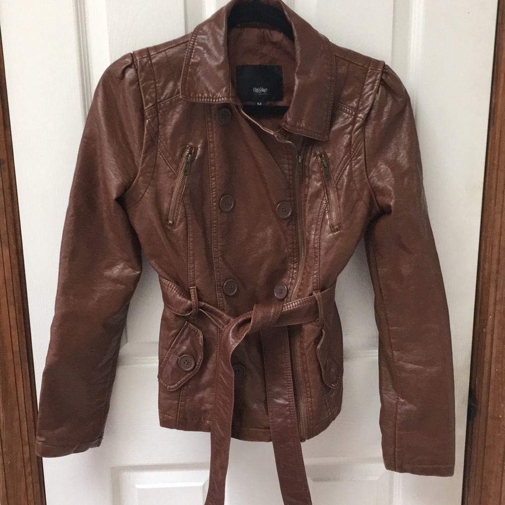 Faux leather tie waist jacket.