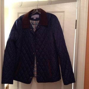 Lightweight quilted navy jacket with brown collar