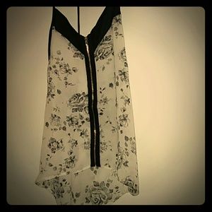 Sheer Black and White Floral Y-Back Zipper Tank