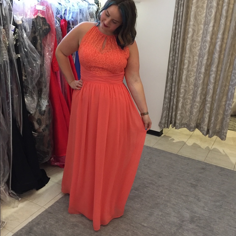 Coral lace prom dress