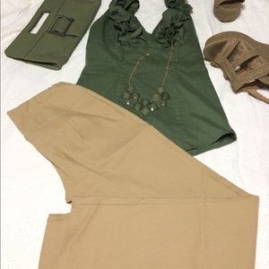 Khaki colored low waisted ankle pants.