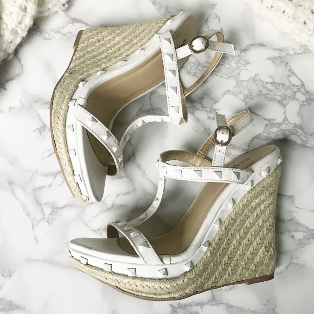White and Nude studded Wedge heels