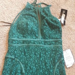 Green lace cocktail dress flower pattern