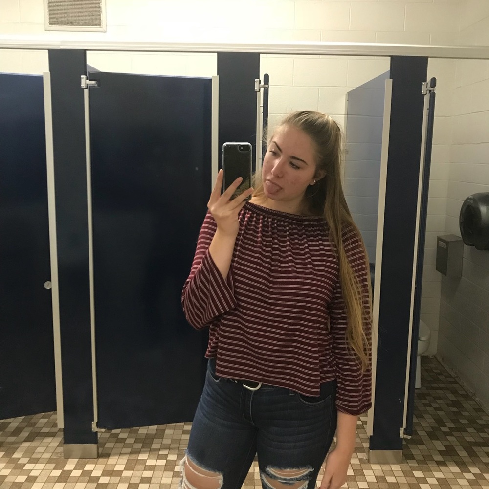 Red striped off the shoulder top