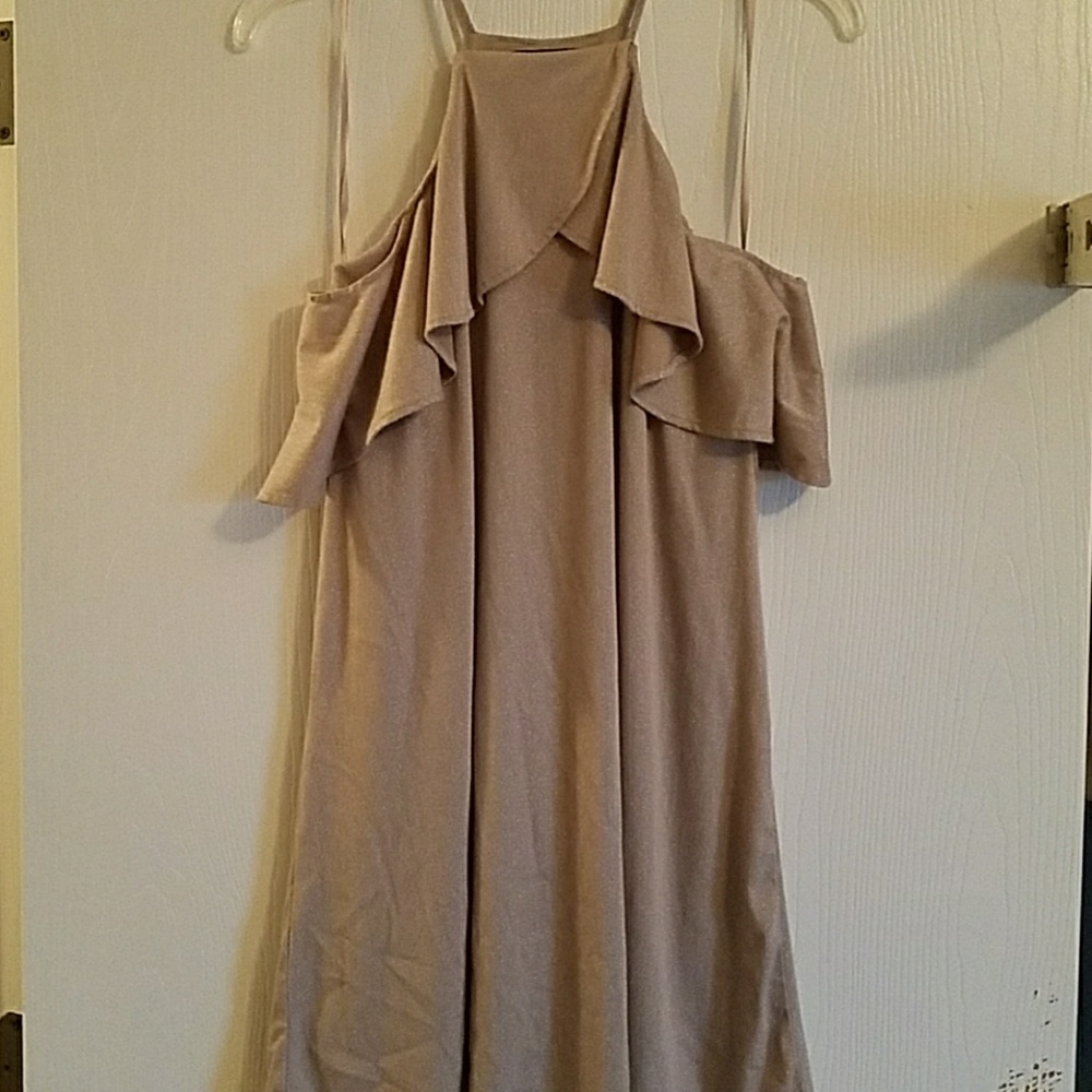 Gold sparkle off the shoulder mini dress