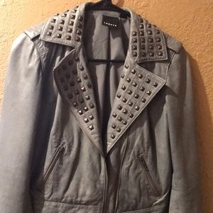 TROUVE Gray Studded 100% Leather Moto Jacket
