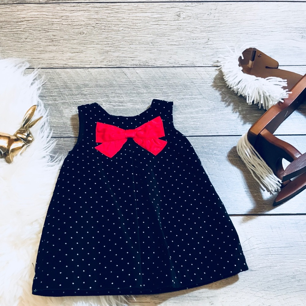 Velvet Black Dress with Polka Dots & Red Bow