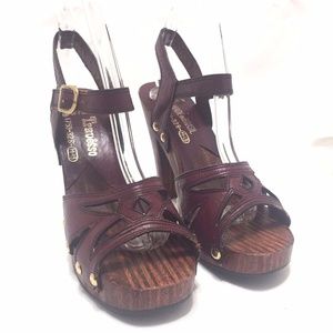 Wood Leather Strappy Ankle Open Toe Studded Heels