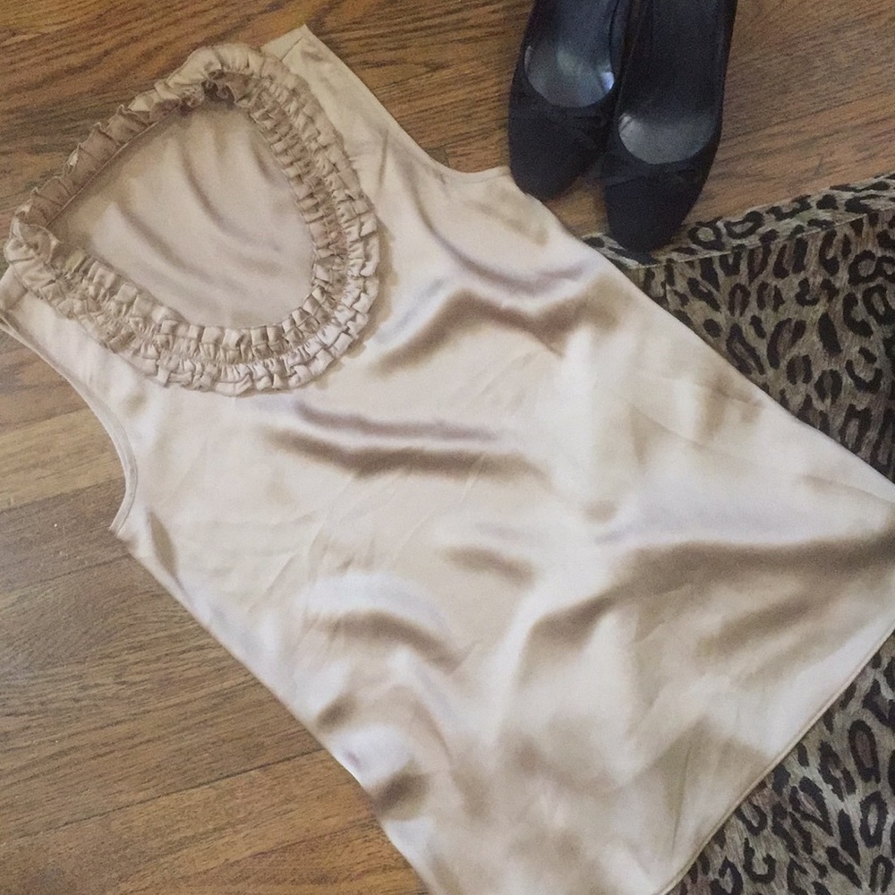 Gold Silk Sleeveless Blouse with Ruffle Neckline