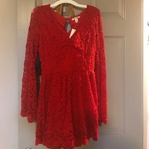 Red lace bell-sleeve romper
