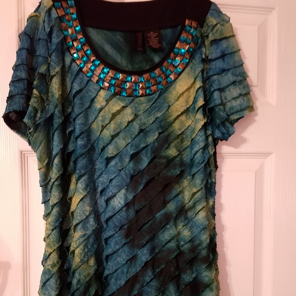 Nue Option Layered Top Turquoise Bluish Beaded Top - Picture 1 of 7
