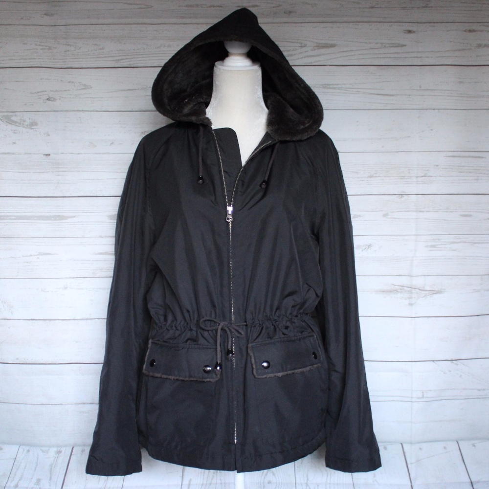 J. Crew Black Winter Jacket Fur Hood Large