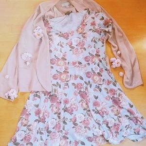 Pastel Blue Rose Print Floral Skater Dress