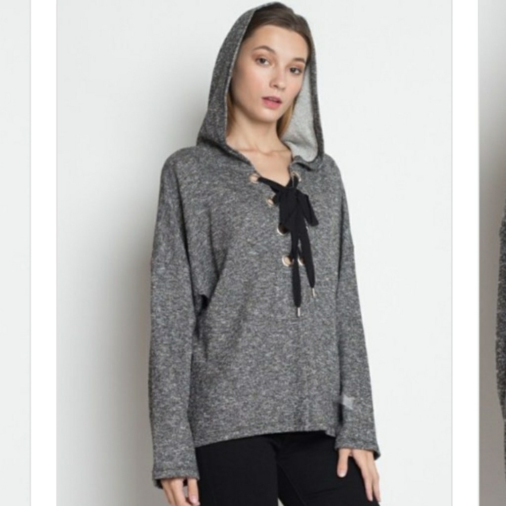 2  left 🌝Grommet Lace Up w/ Hood knit shirt - Picture 2 of 5