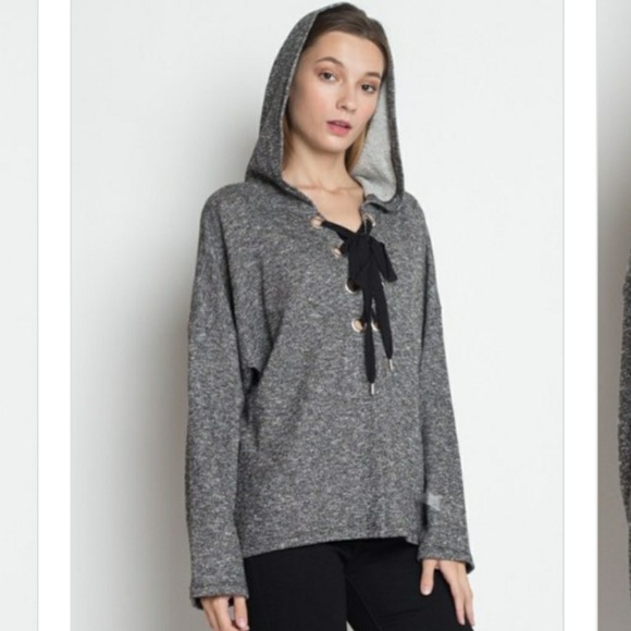 2  left 🌝Grommet Lace Up w/ Hood knit shirt - Picture 2 of 5