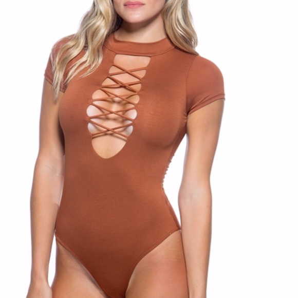 (LAST 1) "AUTUMN' CHOKER LACE UP BODYSUIT - Picture 2 of 4