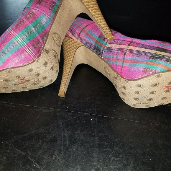 Madras Plaid Pink Heels - Picture 2 of 5