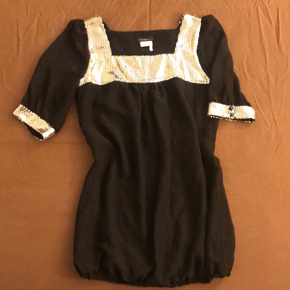 Black blouse with silver sequent neck line/sleeve