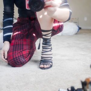 Black Braided Lace up Statement Heels