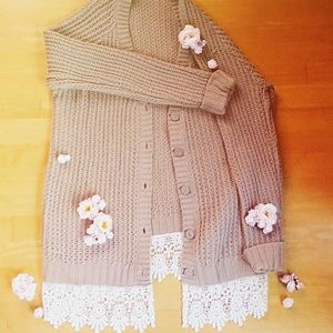 Taupe Brown Cardigan with Lace Trim