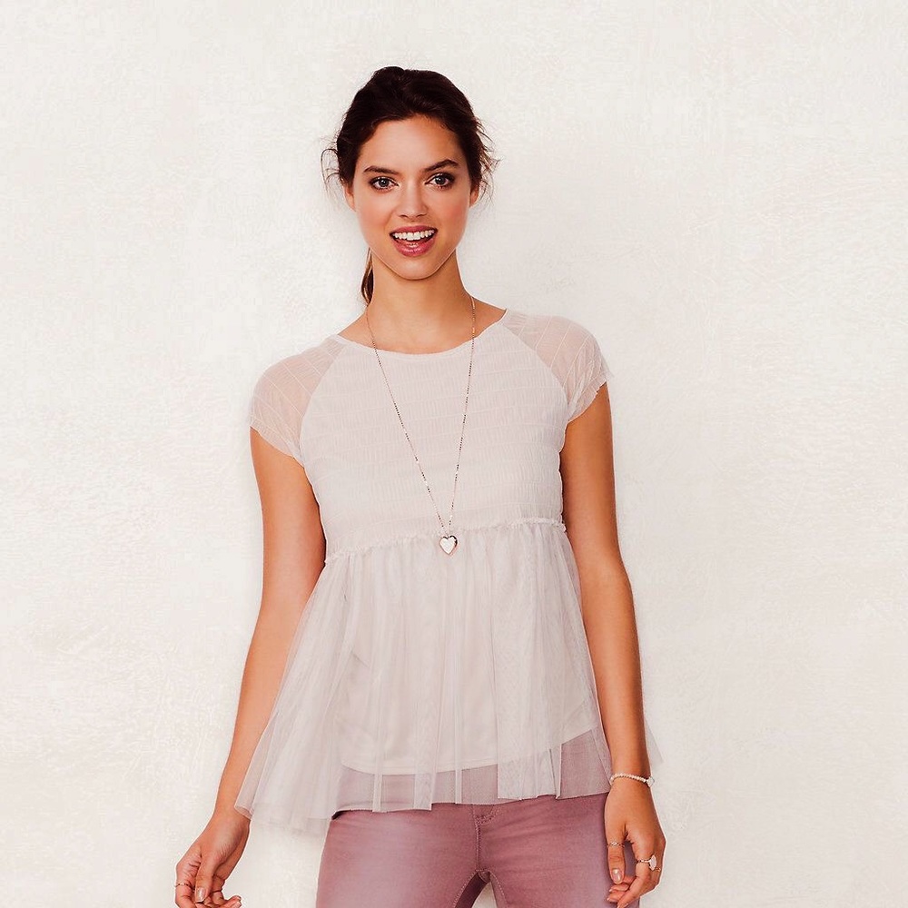 Lauren Conrad Gray Tulle Babydoll Peplum Top M - Picture 1 of 4