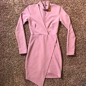 Choker-neck blush pink long sleeve cocktail dress