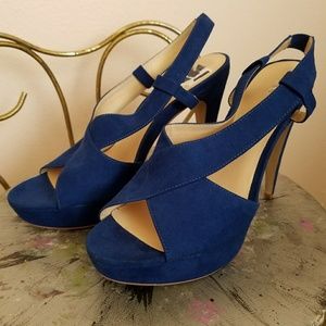 Blue suede platform heels