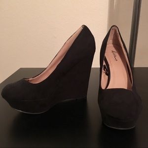 Black Suede Block Wedge Heel