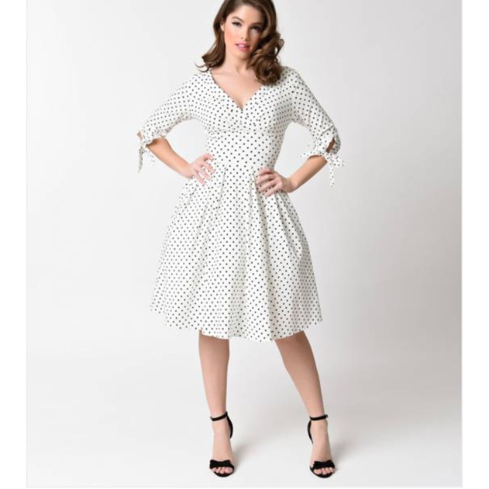 Unique Vintage Polka dot white swing dress