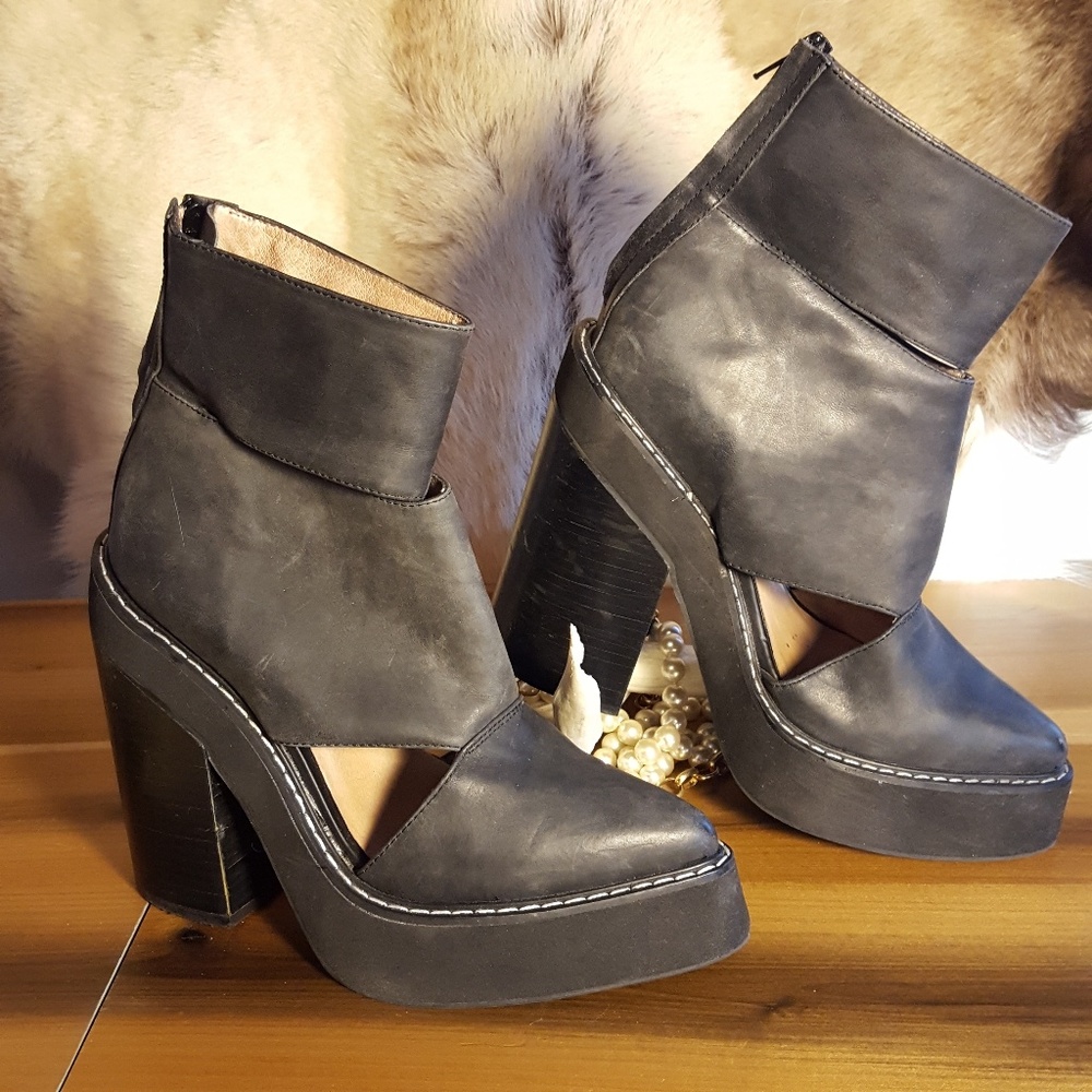Jeffrey Campbell Black Leather Block Heel Boot