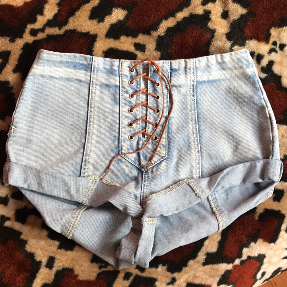 Lace up front tie light wash shorts